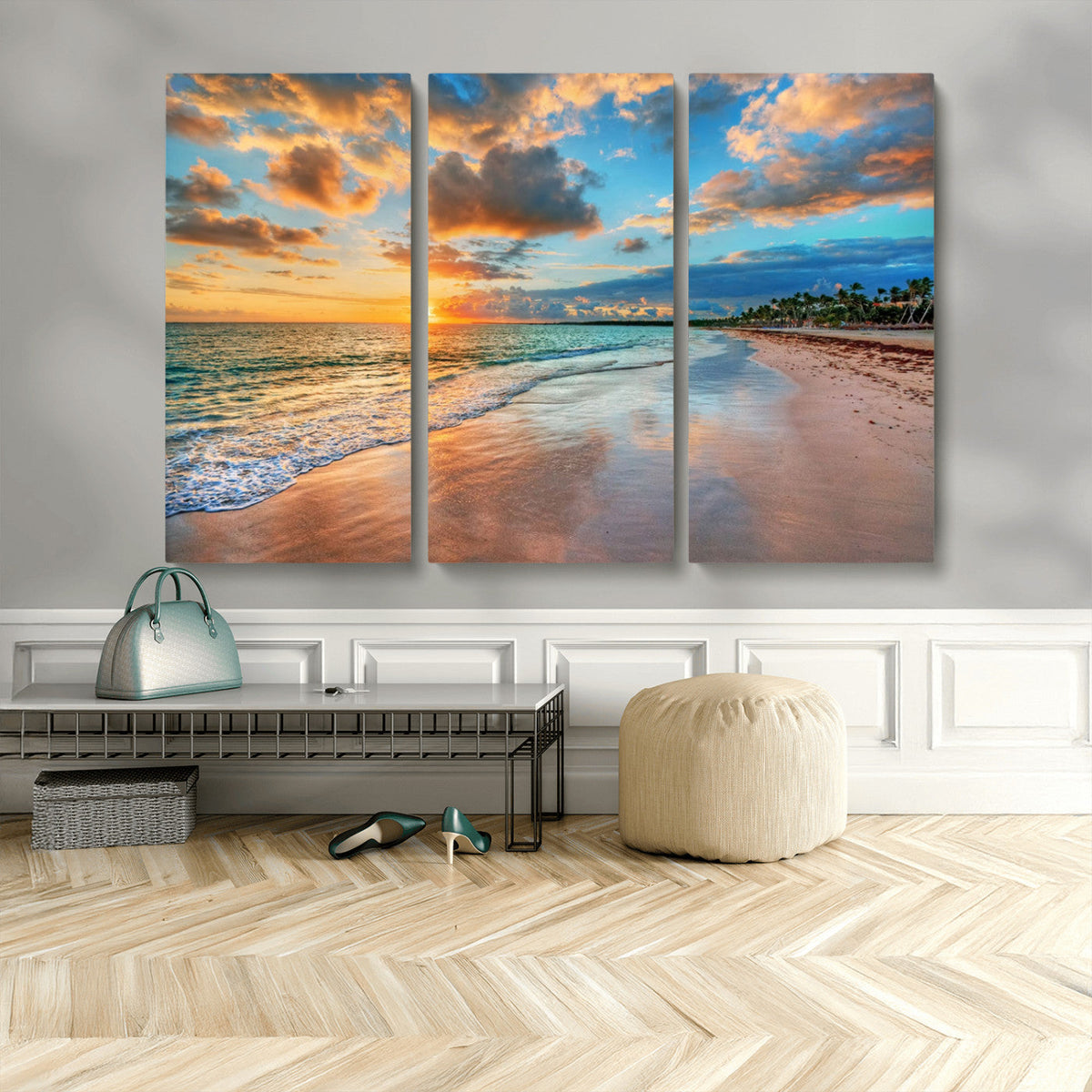 Sunset Ocean Waves on Tropical Beach, 3-Panel Giclee Canvas