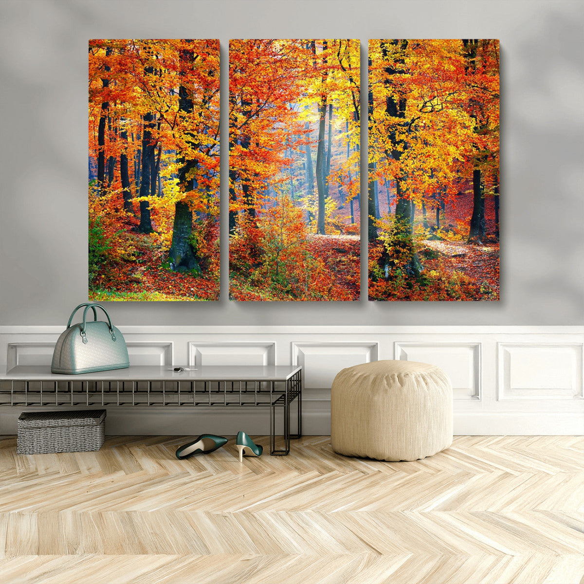 Autumn Red Forest Triptych Canvas Wall Art Print, Forest