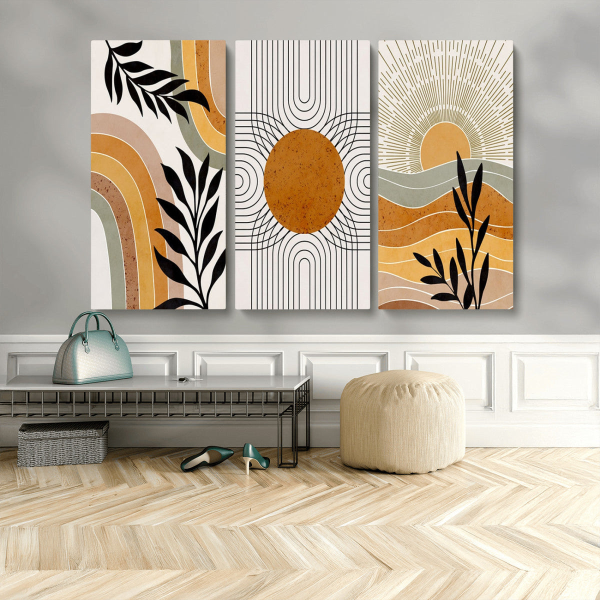 Modern Boho Sun and Leaf Abstract Art – 3-Panel Giclée
