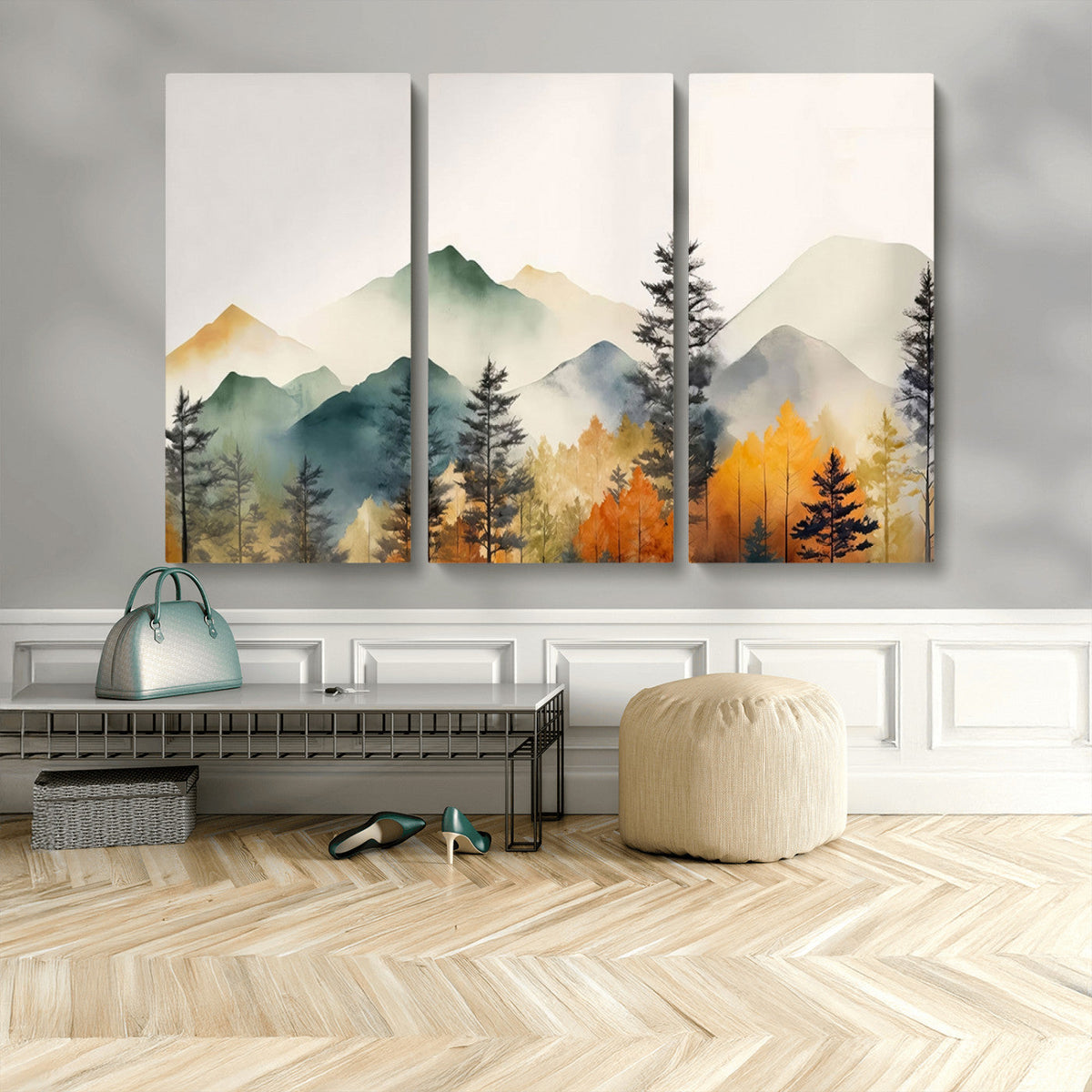 Abstract Watercolor Mountains and Trees Autumn Wall Art,