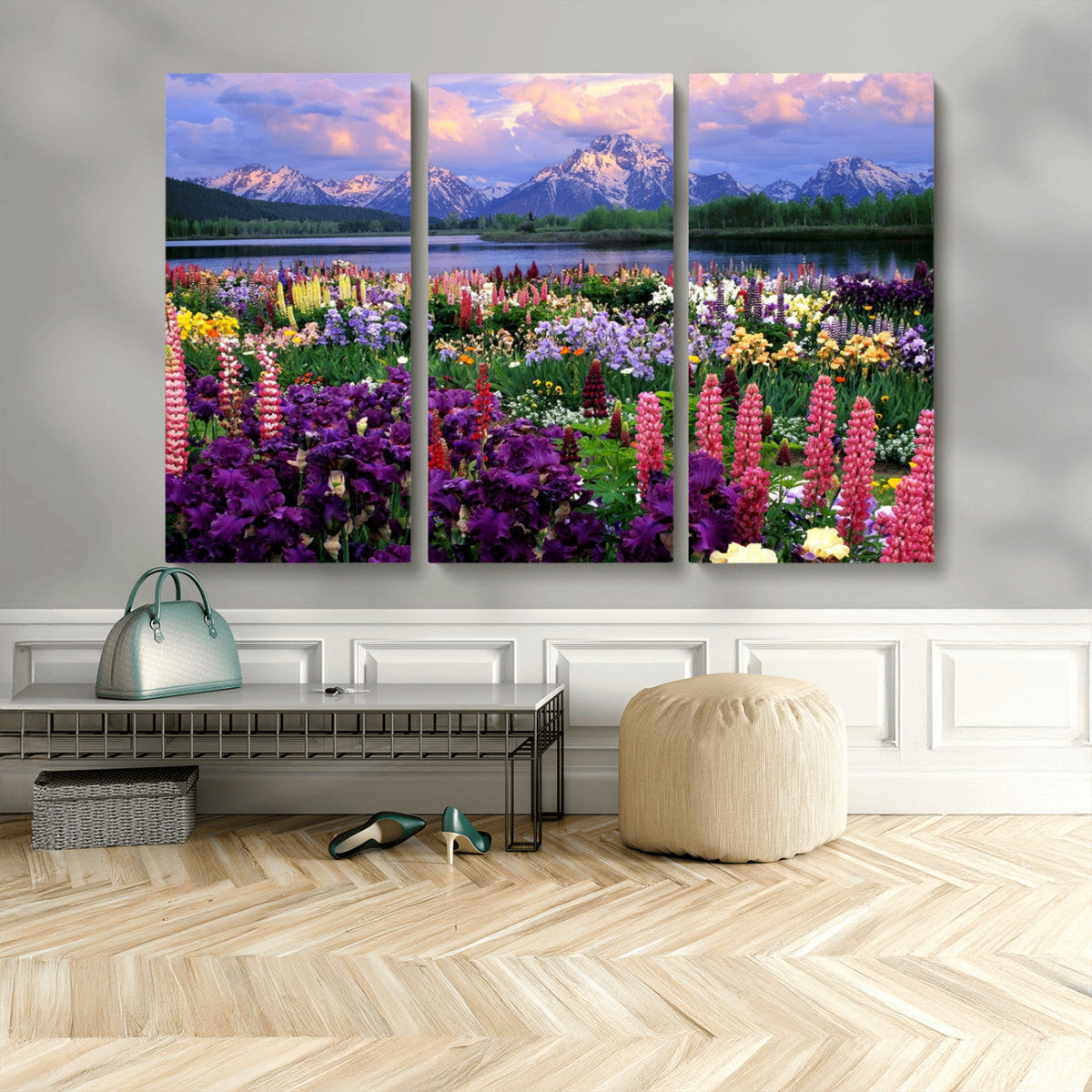 Vibrant Wildflower Garden and Mountain View Giclee Canvas