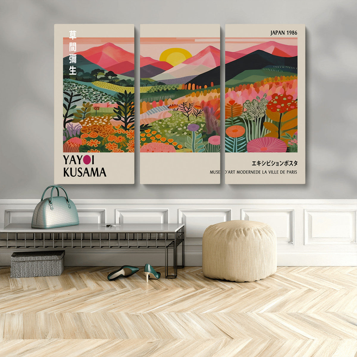 Yayoi Kusama Landscape Canvas Print, Vibrant Floral Mountain Art Print, Framed Botanical Wall Art -