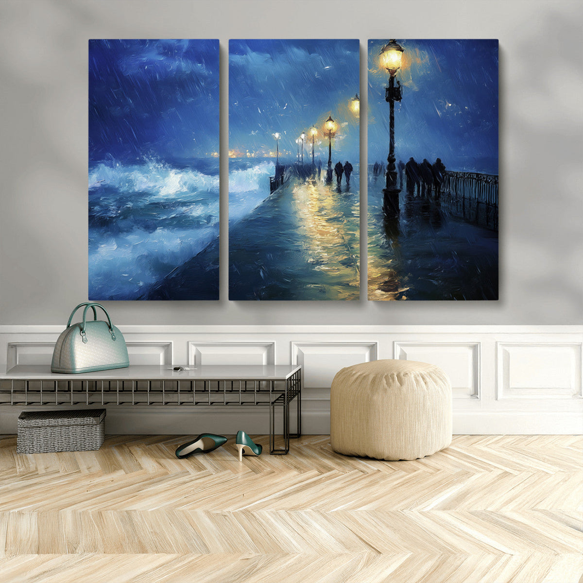 Storm Ocean Pier Canvas Wall Art Print - Large Moody Night