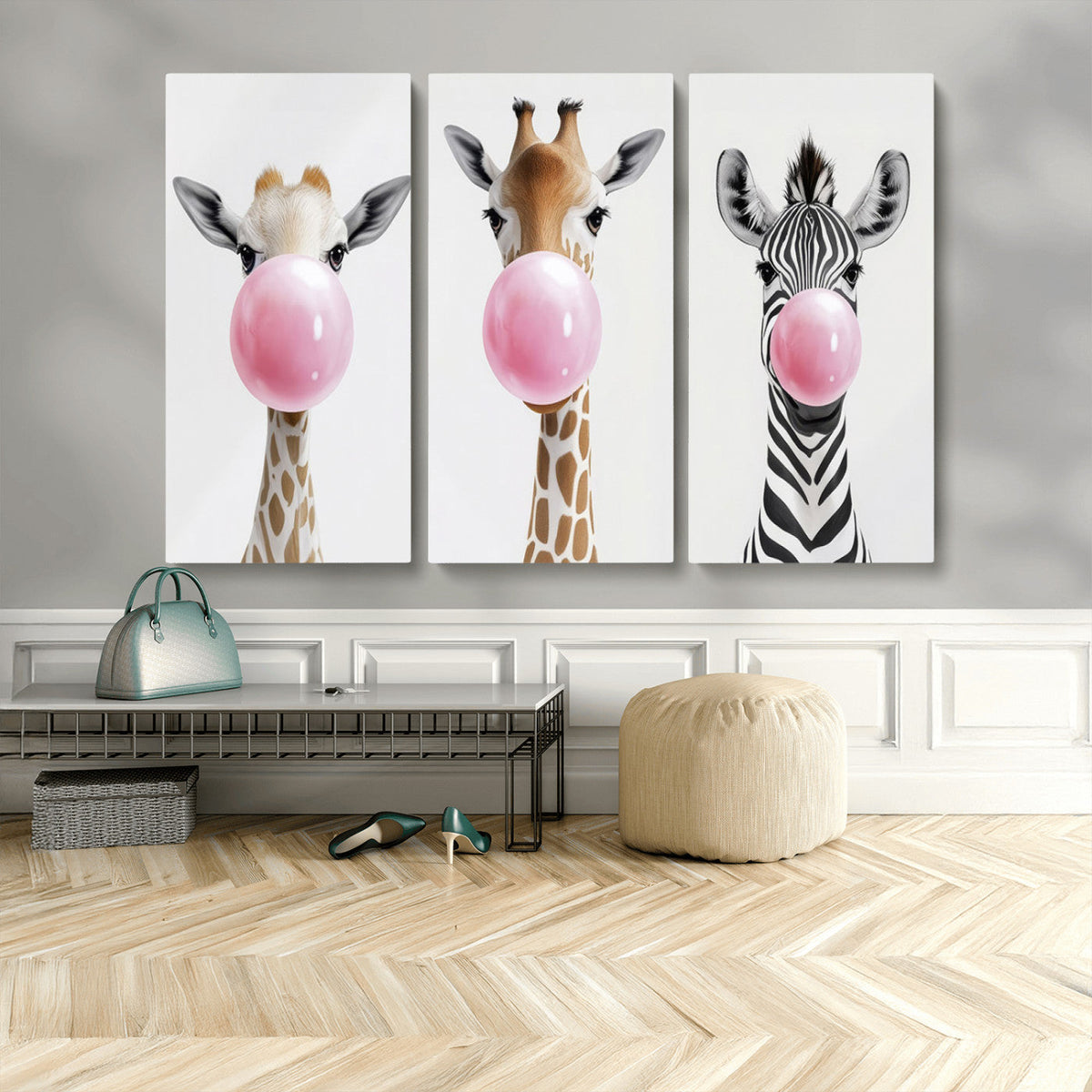 Bubblegum Animals Canvas Wall Art - Playful Giraffe and