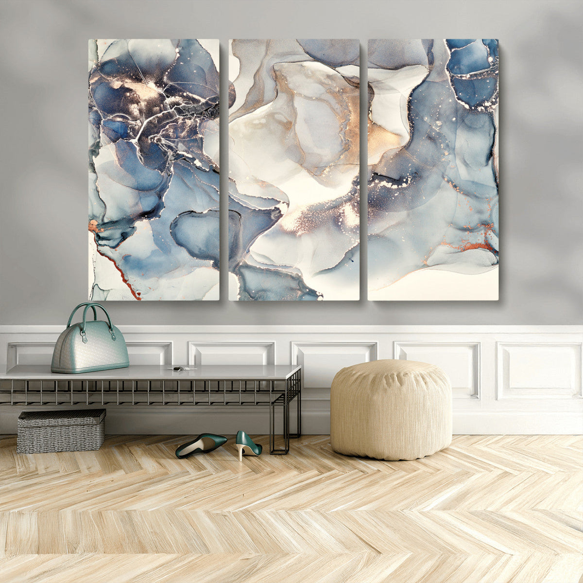 Abstract Blue and Gold Canvas Wall Art - Fluid Modern Ink