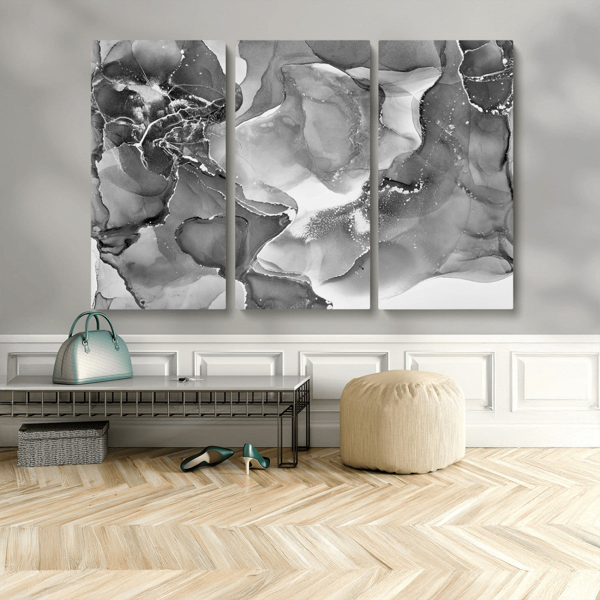 Black White Abstract Canvas Wall Art - Fluid Ink Artwork -