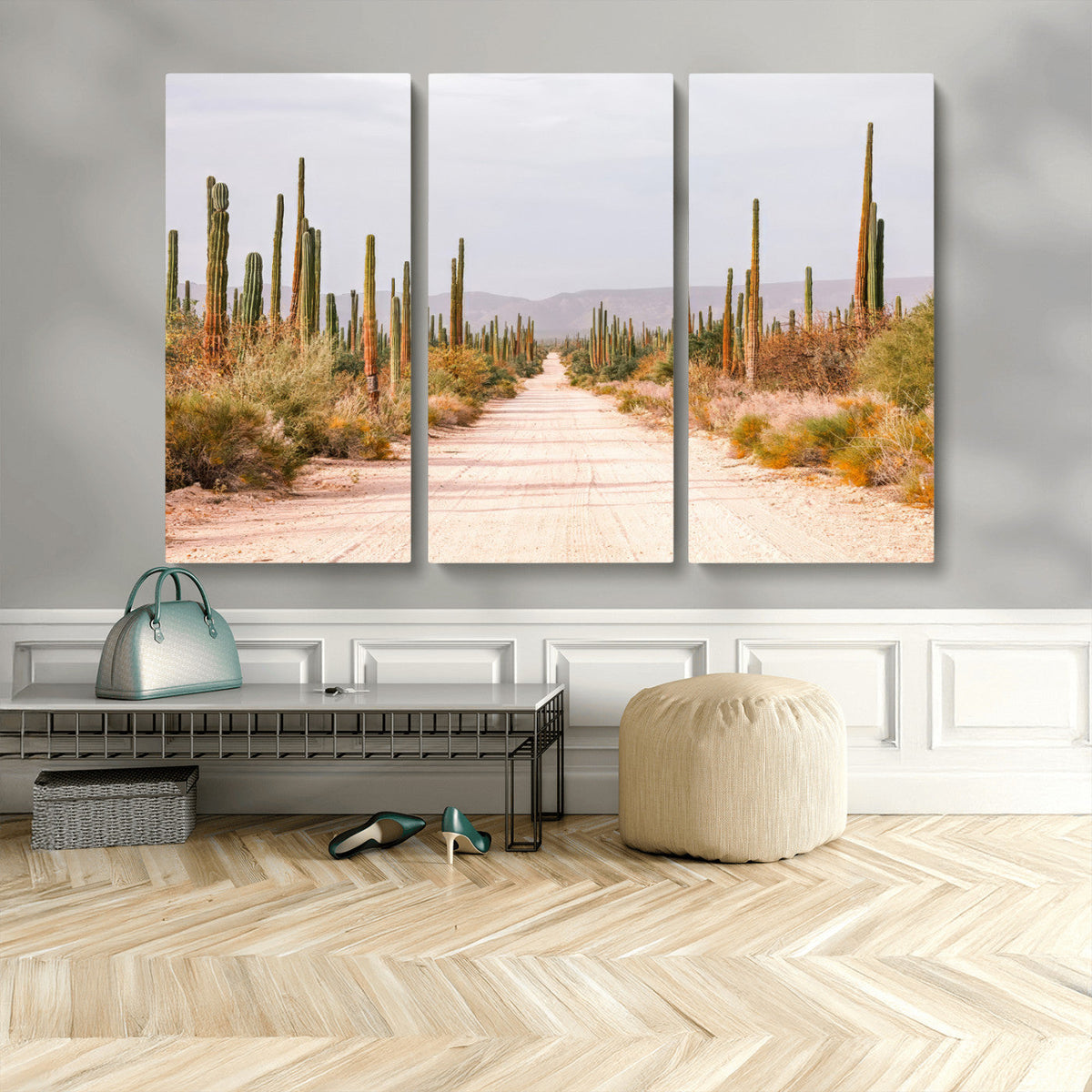 Desert Cactus Lined Road Wall Art Canvas Print – Framed