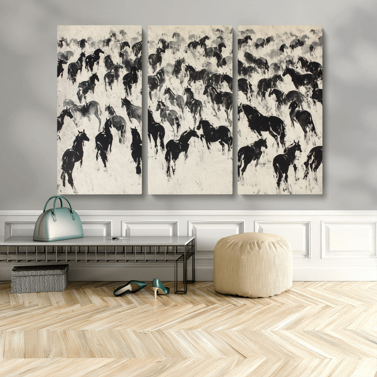Wild Horse Stampede Wall Art Canvas Print – Monochrome