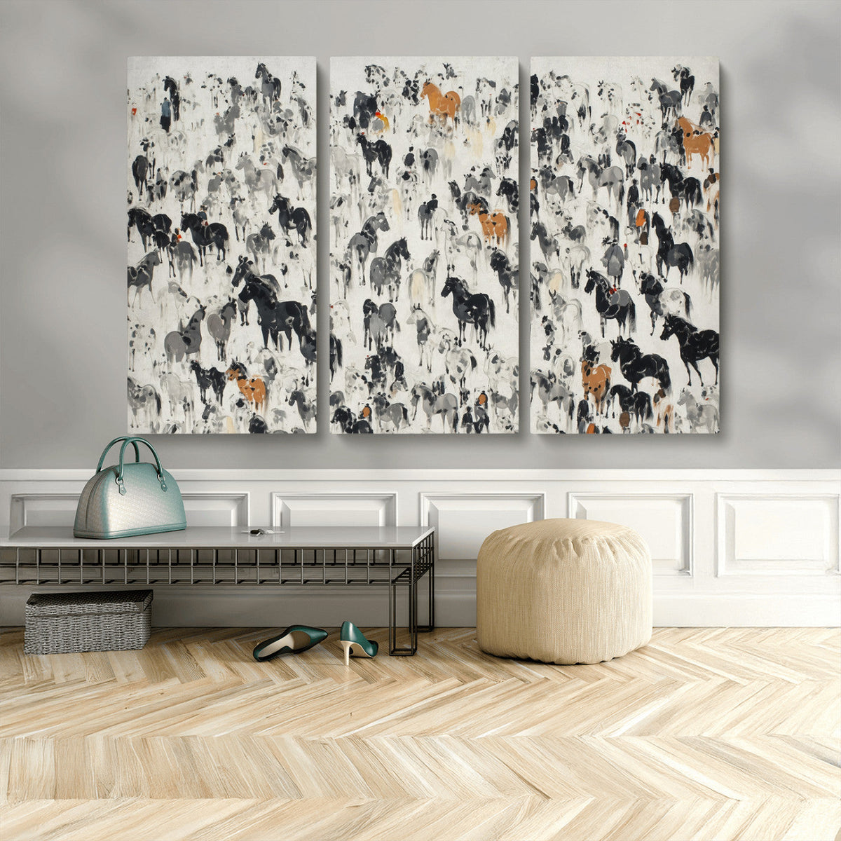 Wild Horse Stampede Wall Art Canvas Print – Monochrome