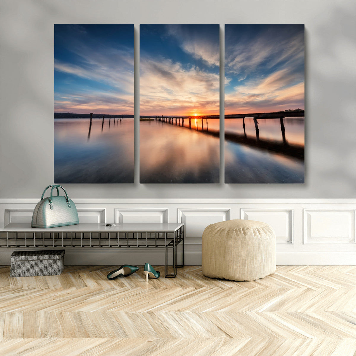 Wooden Pier on Seascape and Sunset Wall Art Canvas Print