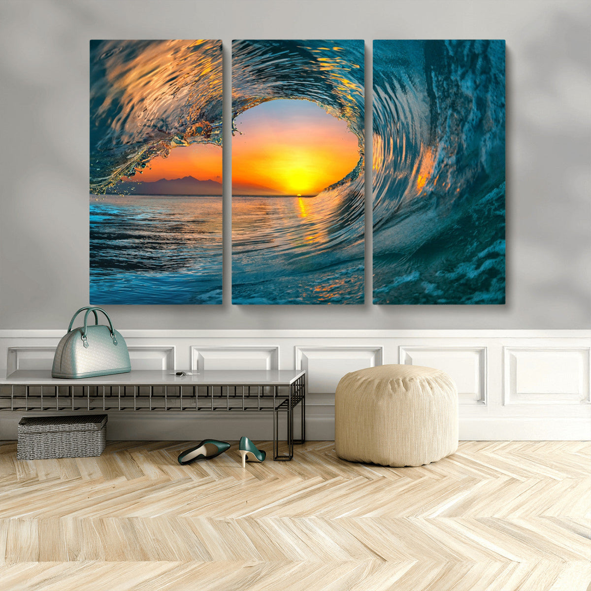 Ocean Wave Sunset Wall Art | Large Coastal Wave Canvas Print