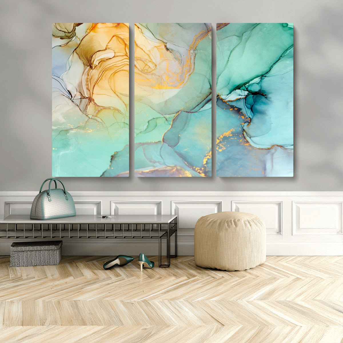 Abstract Aqua and Gold Fluid Wall Art Canvas | 3 Panel Large