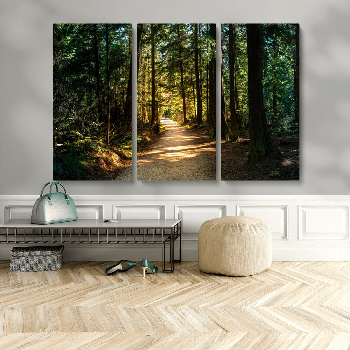 Sunlit Forest Pathway Canvas Print | 3 Panel Large Nature