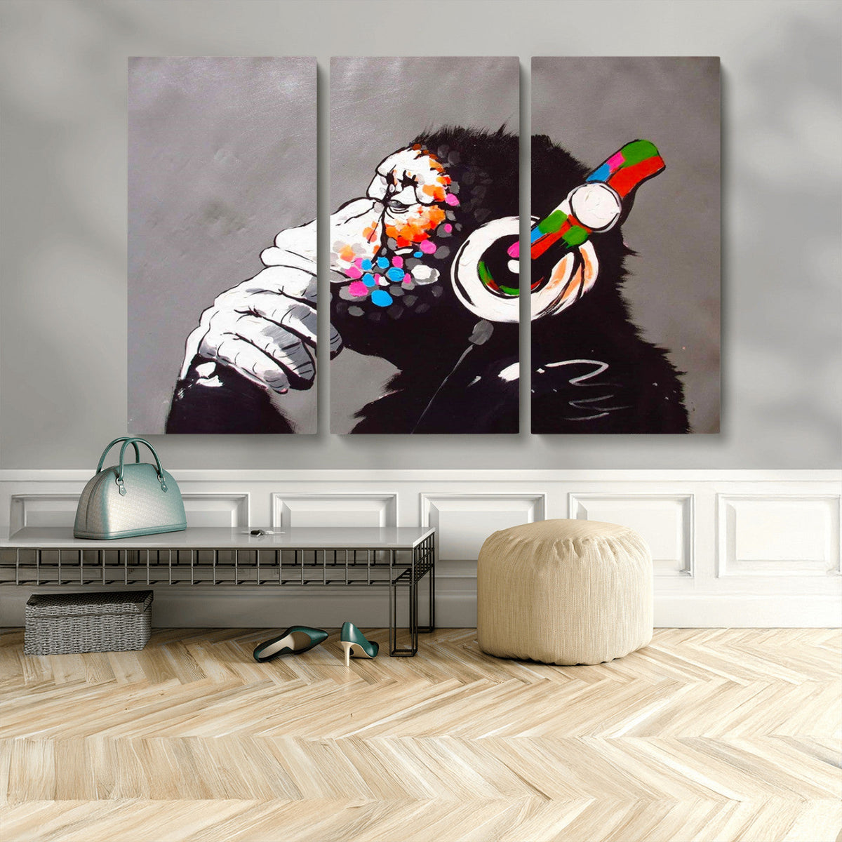 Dj Monkey Listening to Music Wall Art Print | Banksy Monkey
