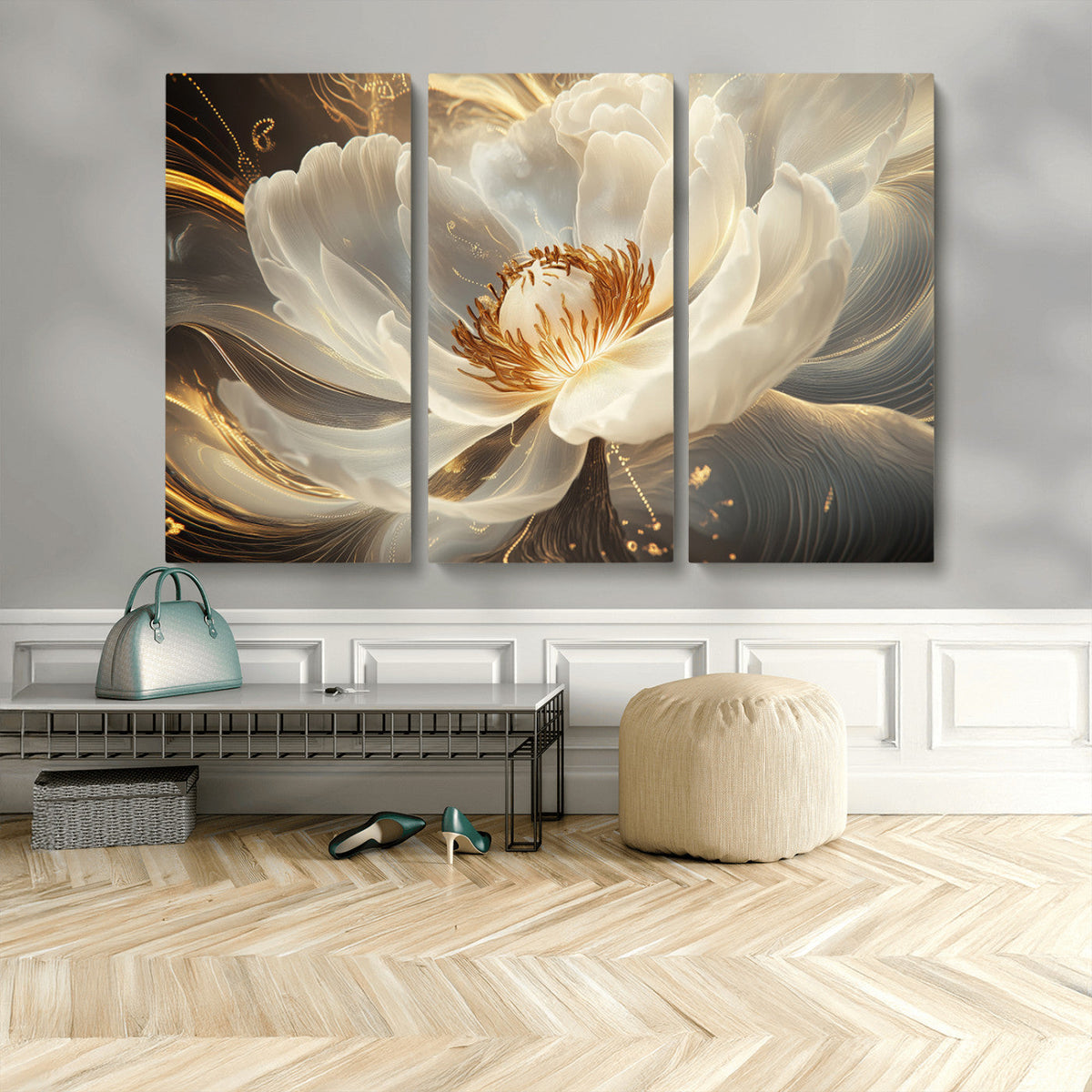 Gold Floral Wall Art Canvas Print, Framed Modern Flower Art
