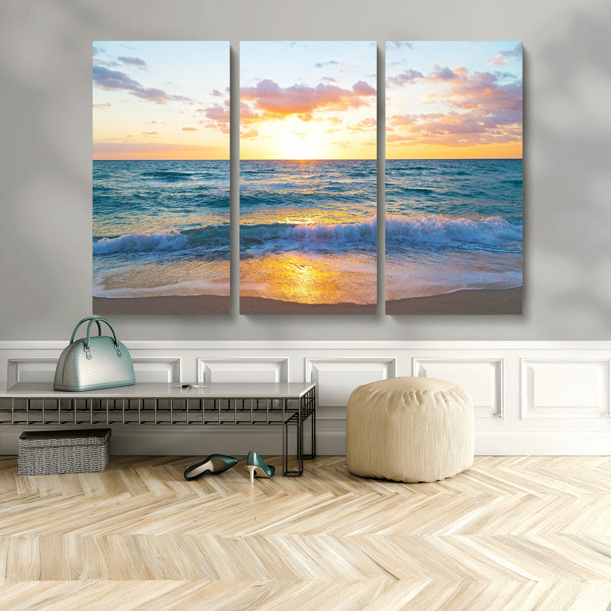 Golden Sunset Over Ocean Waves - Serene Coastal Triptych