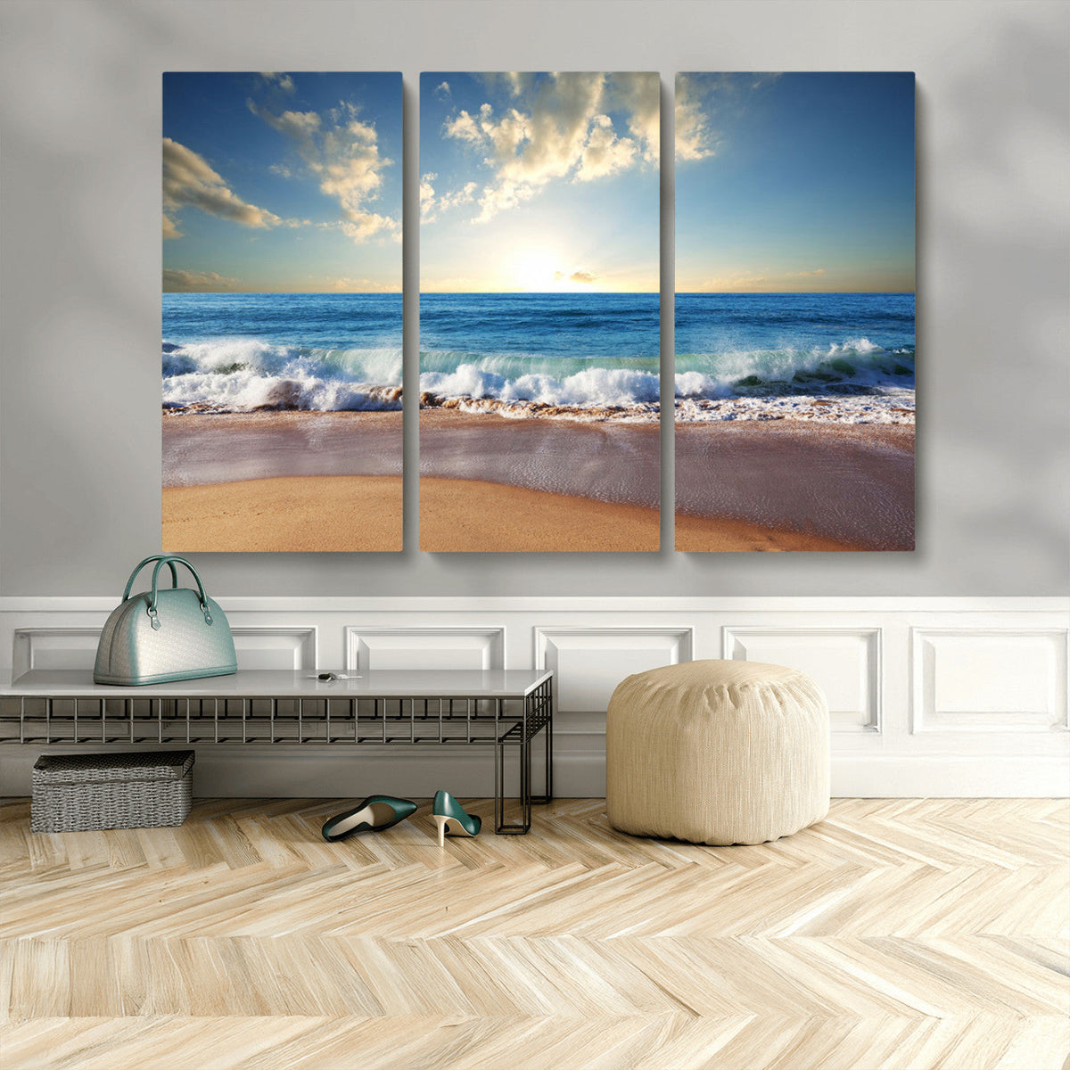 Serene Ocean Sunset Canvas Wall Art - Beach Waves at Sunset,
