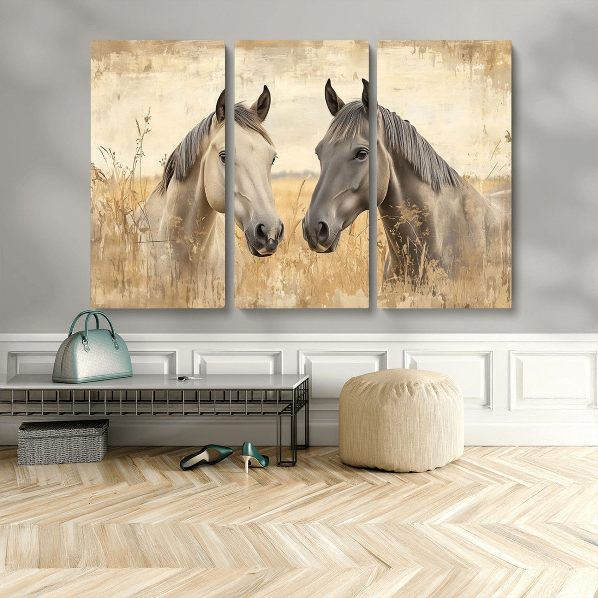 Chines Ink Style Grunge Horses Wall Art Canvas Print