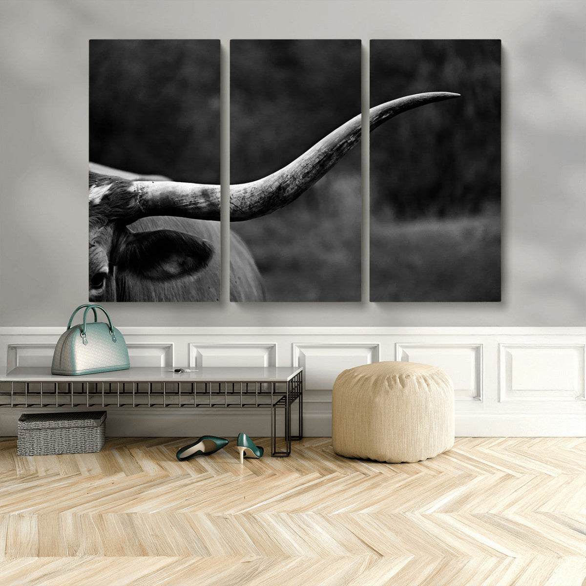 Cow Longhorn Wall Art | Black and White Print | Ready to