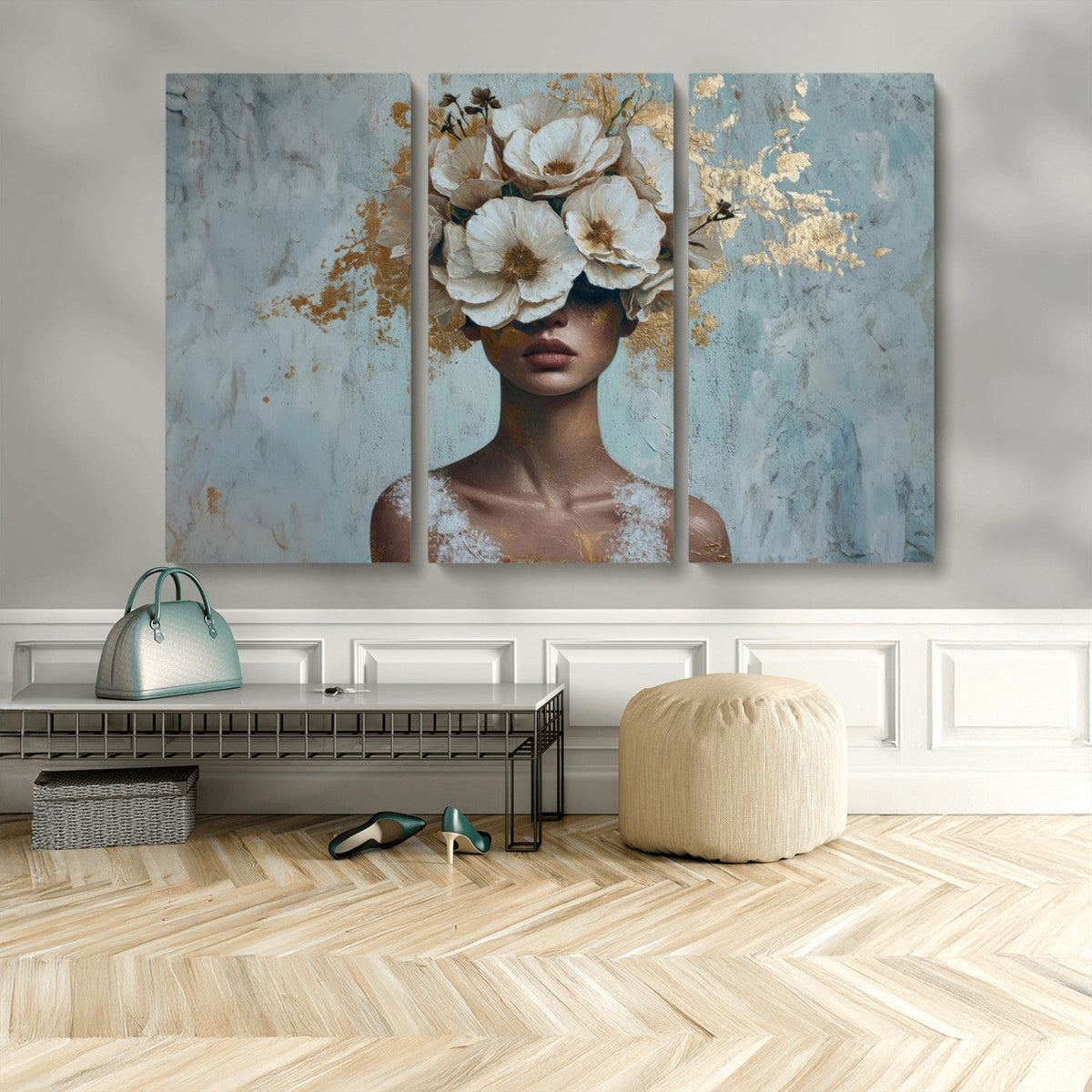 Golden Petal Wall Art - Petal Silhouette Woman Wall Art