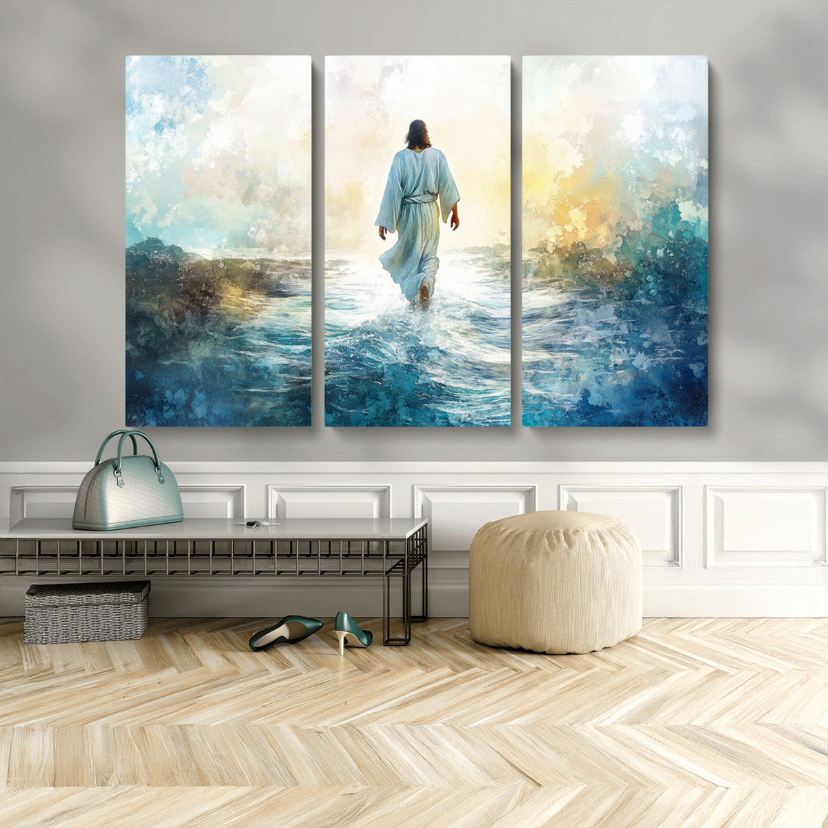 Watercolor Jesus Walking on Water Canvas Print, Christian