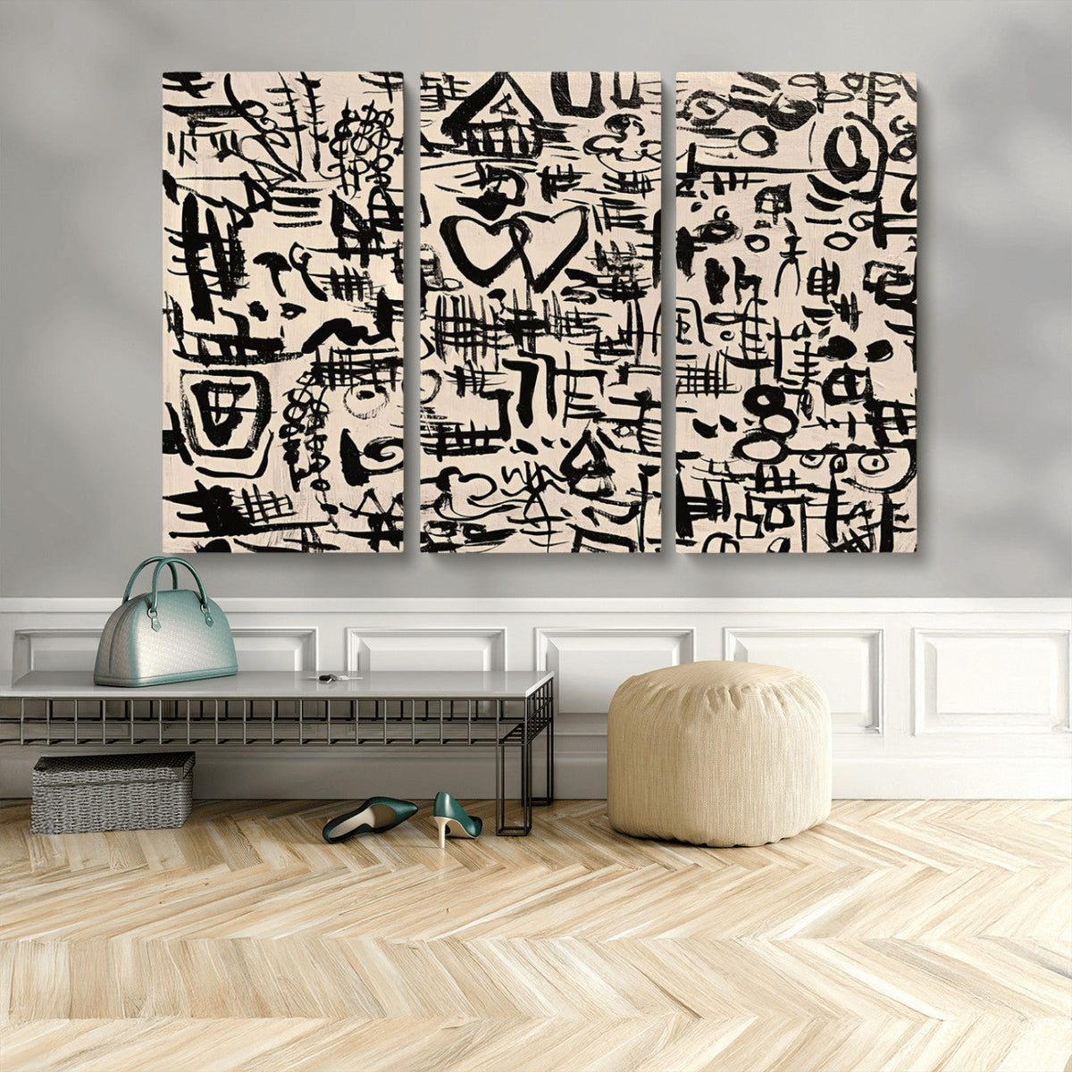 Abstract Love and Chaos Canvas Print, Black Symbols on Beige