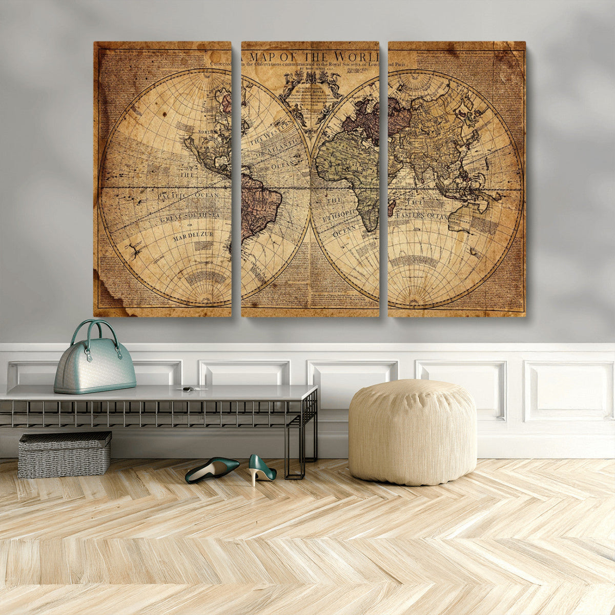 Vintage World Map Wall Art Canvas – Antique Style Push Pin