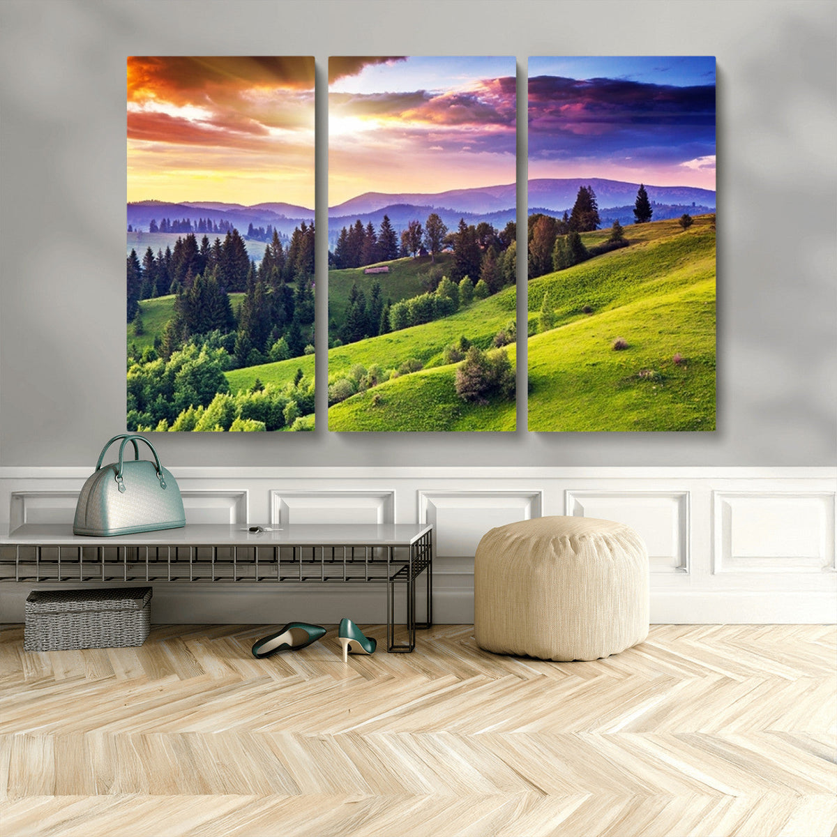 Green Hills and Sunset Wall Art Print - Scenic Landscape