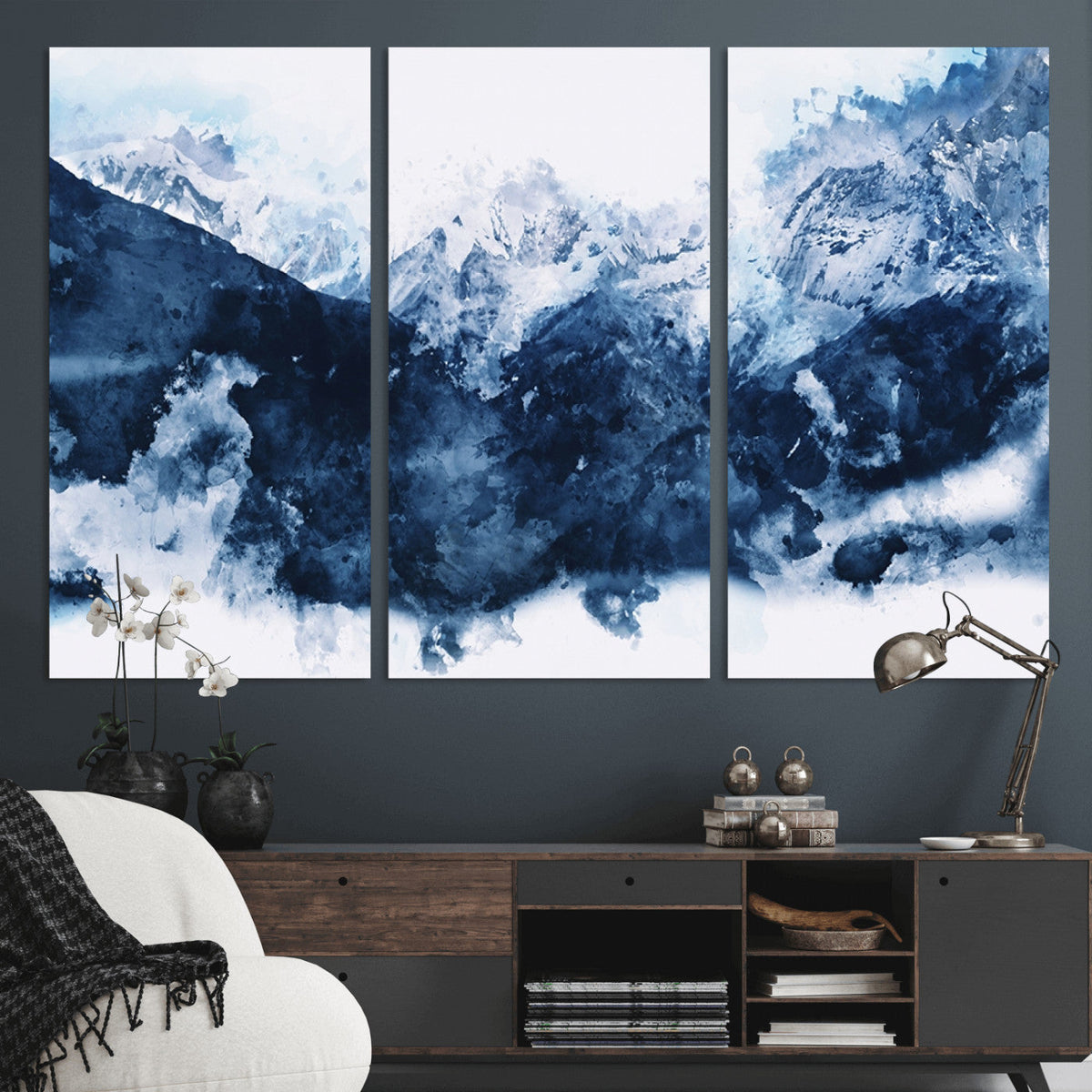Abstract Blue Mountain Canvas Wall Art – Modern Triptych