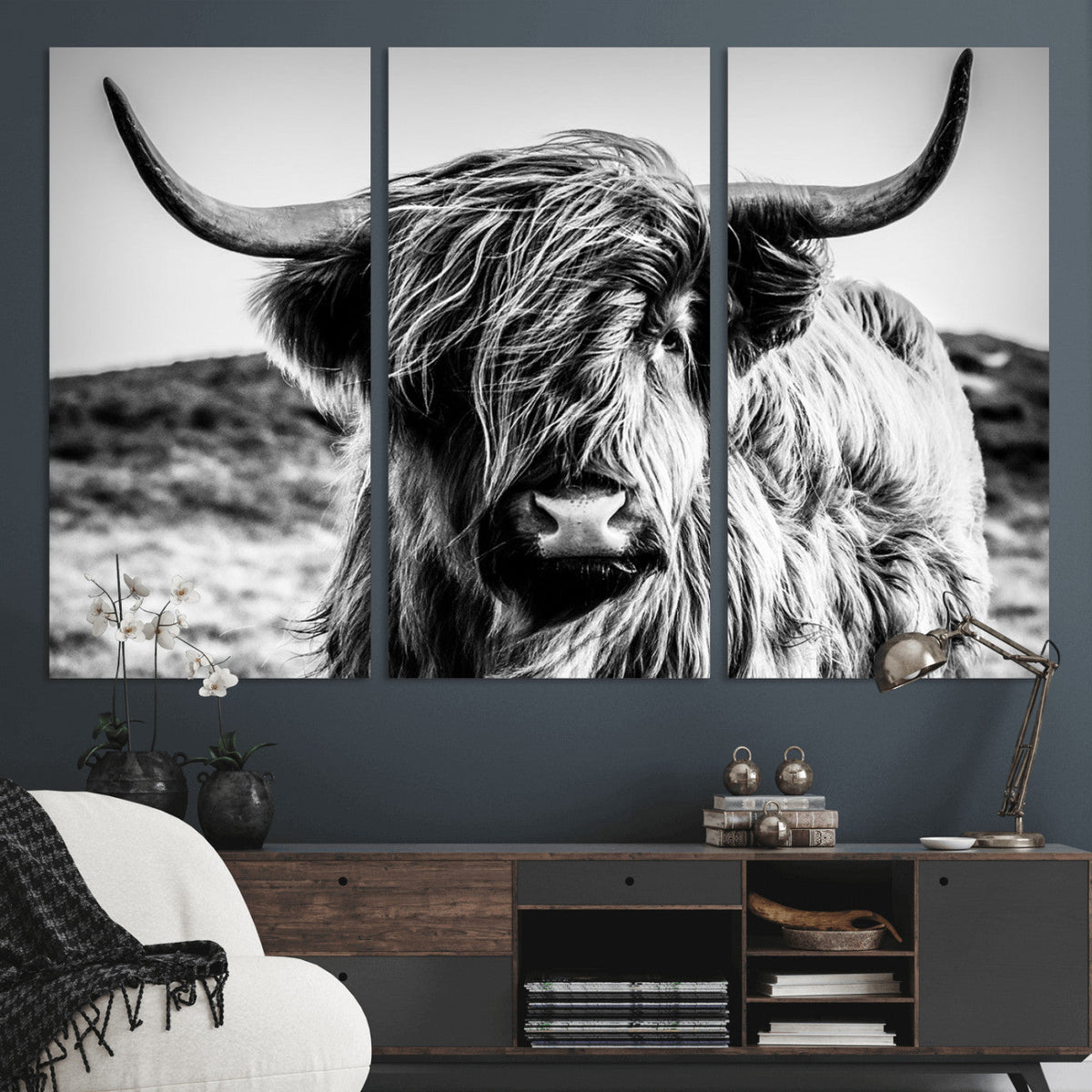Black and White Scottish Cow Canvas Wall Art Highland Cattle