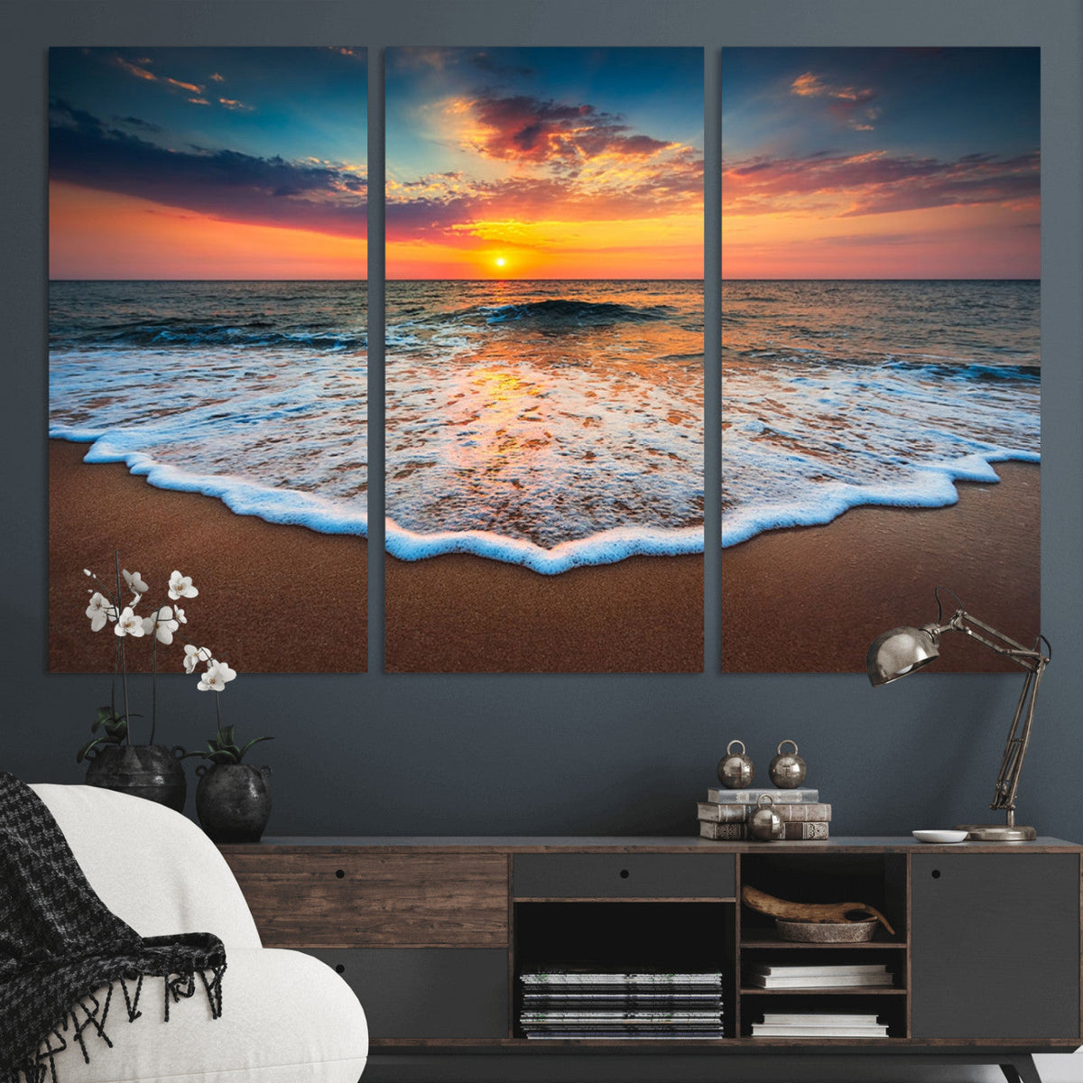 Sunset Beach Canvas Wall Art – Colorful Ocean Waves Triptych