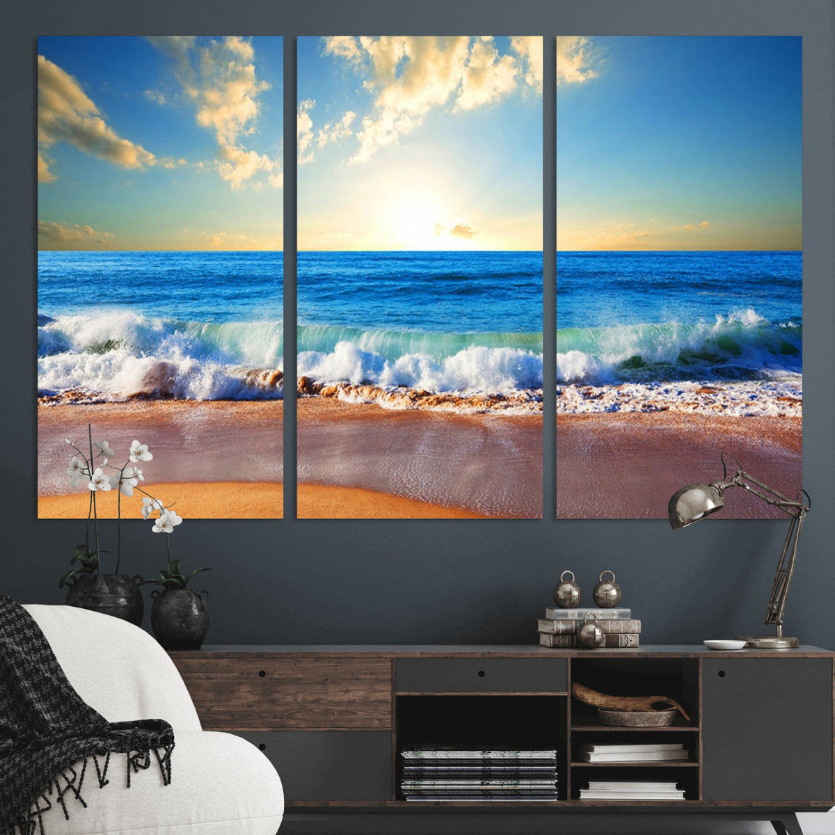 Tropical Beach Sunset Canvas Art, Ocean Waves and Sandy