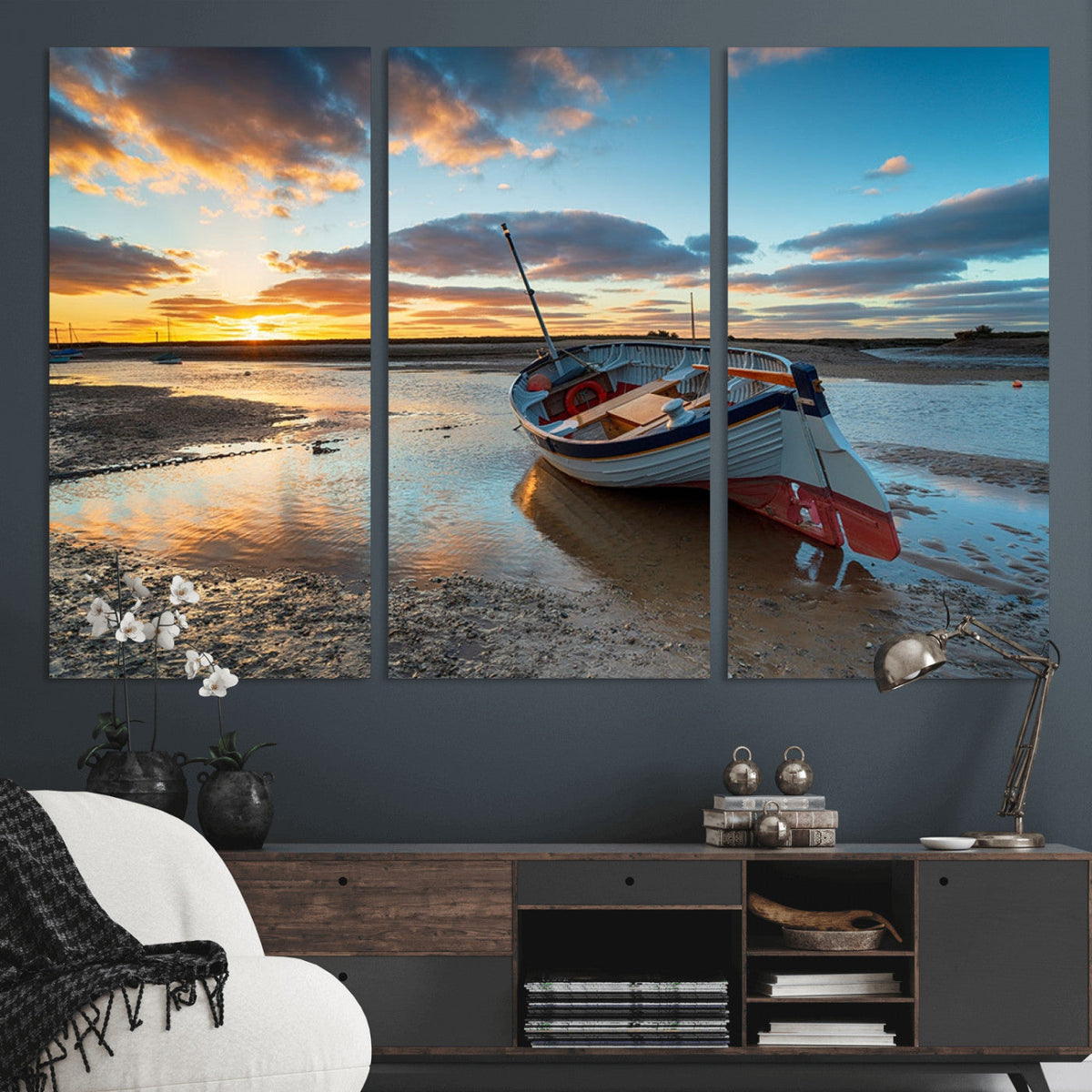Small Boat At The Beach Sunset Wall Art, Boat Sunset Wall