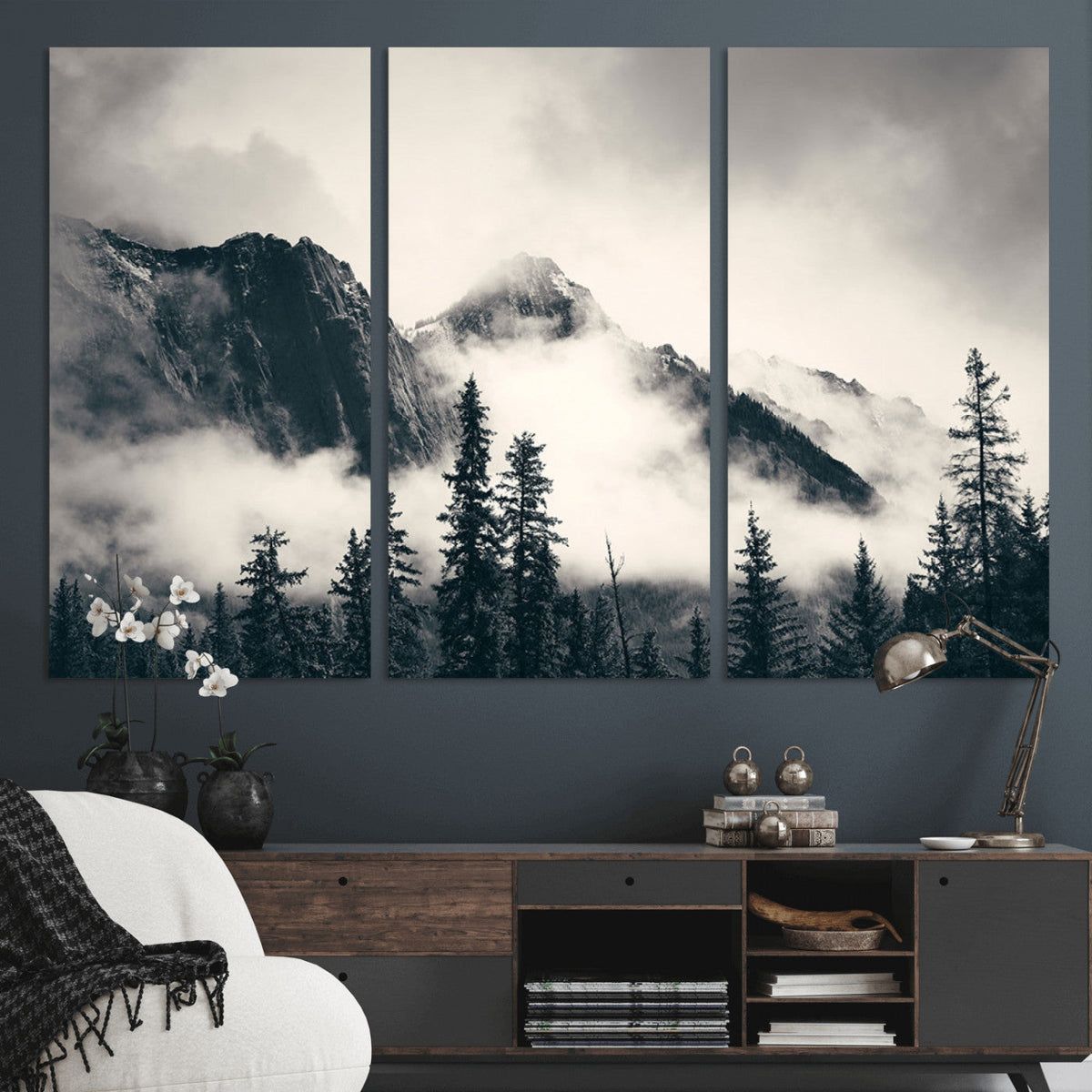 Large Foggy Mountain Forest Wall Art Canvas Print | Misty