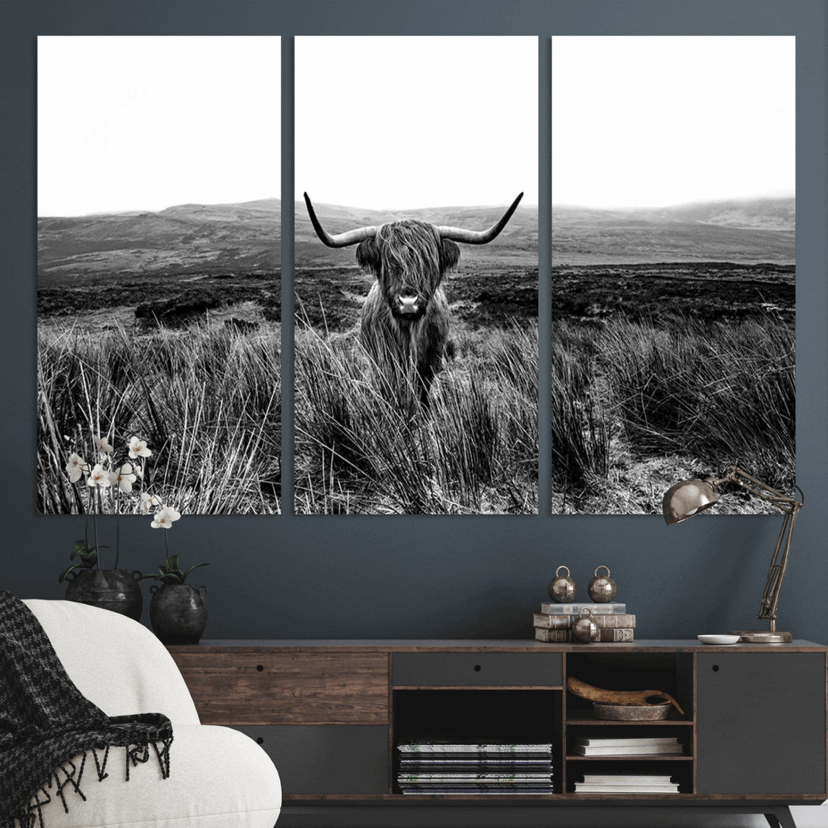 Black and White Highland Cow Canvas Wall Art, Longhorn