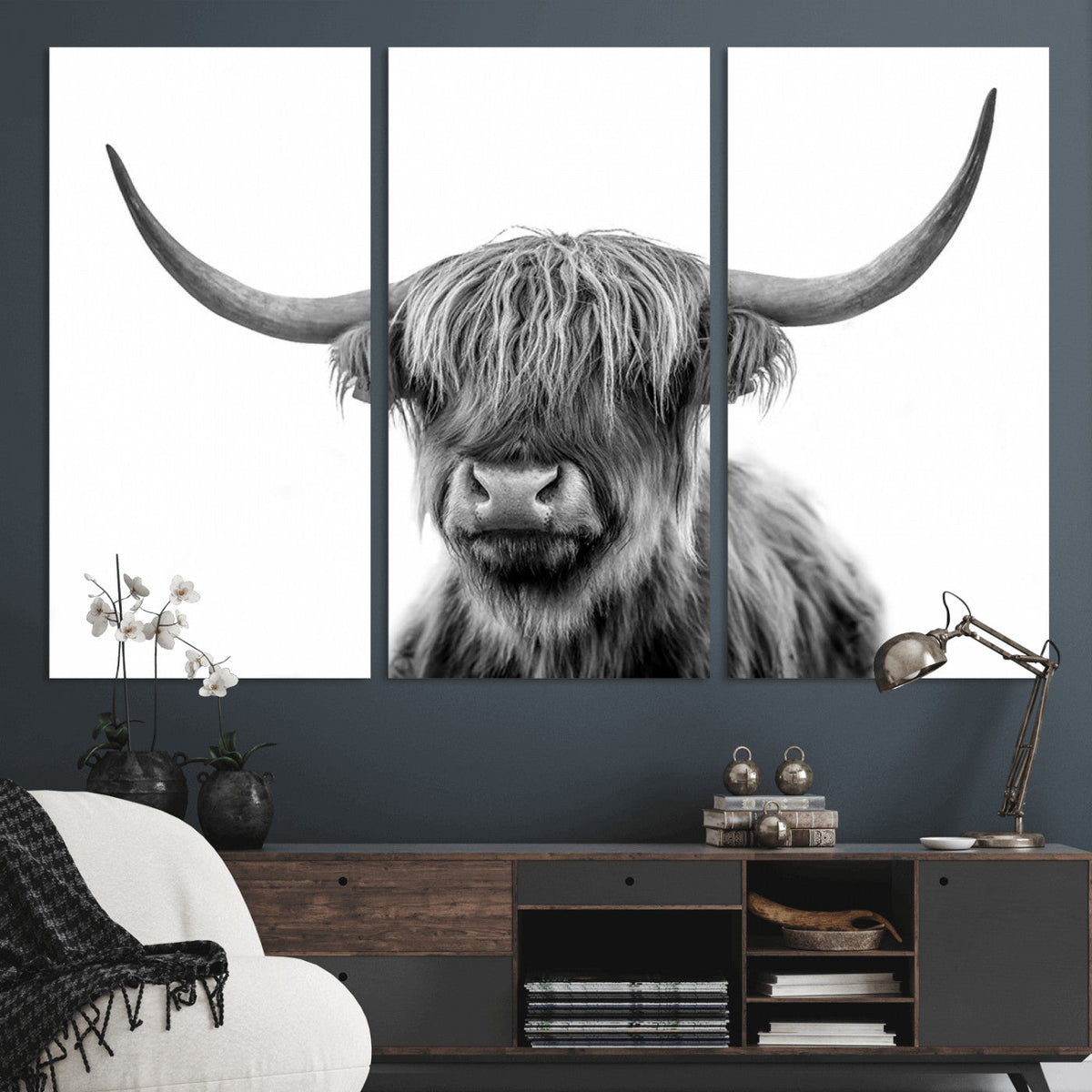 Grayscale Scottish Highland Cow Cattle Art Print Farmhouse