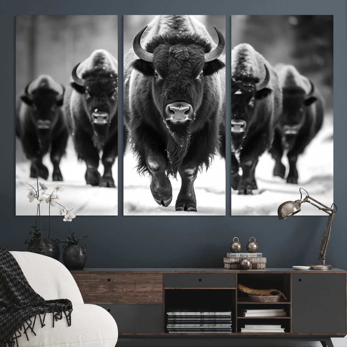 American Bison Art | Buffalo Herd Wall Art Canvas Print, BW