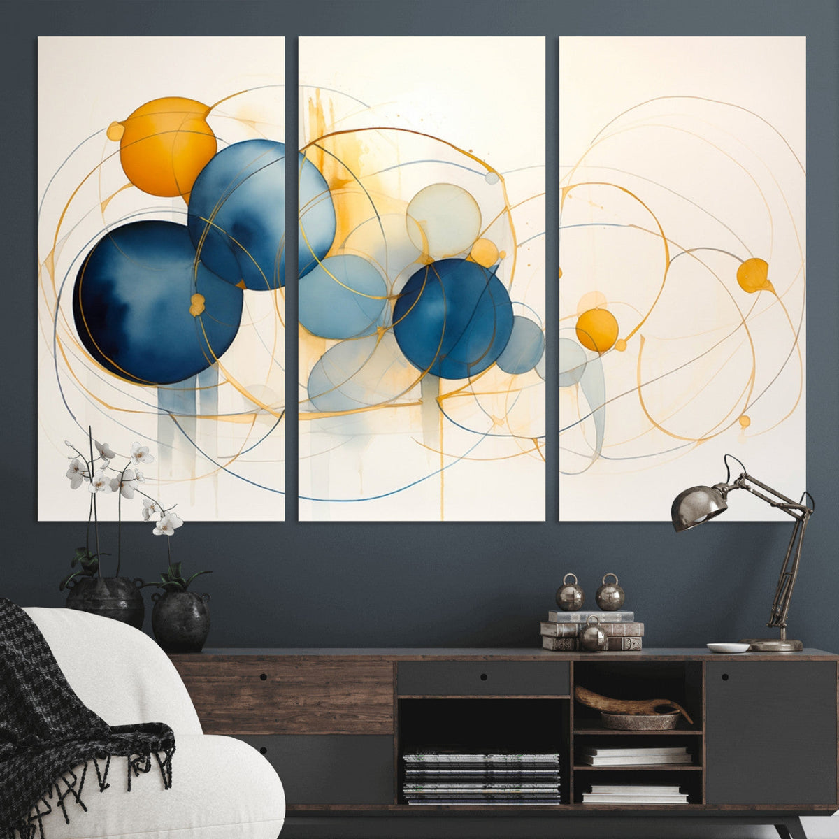 Geometric Blue Orange Abstract Wall Art Canvas, Geometric