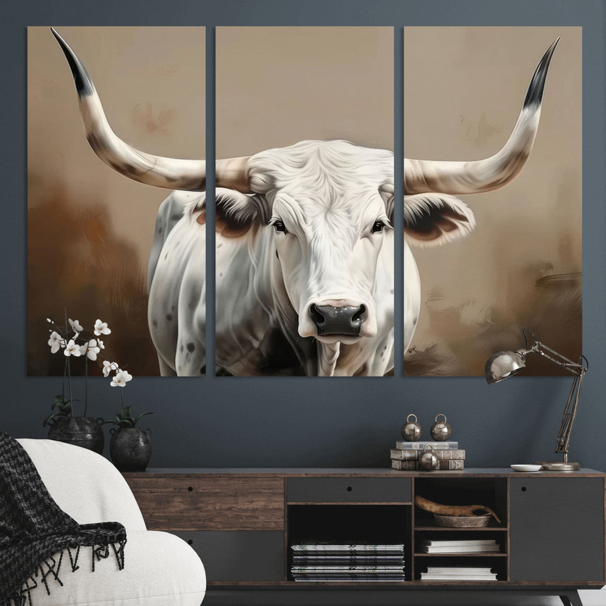White Longhorn Bull Wall Art Canvas Print – Framed and Ready