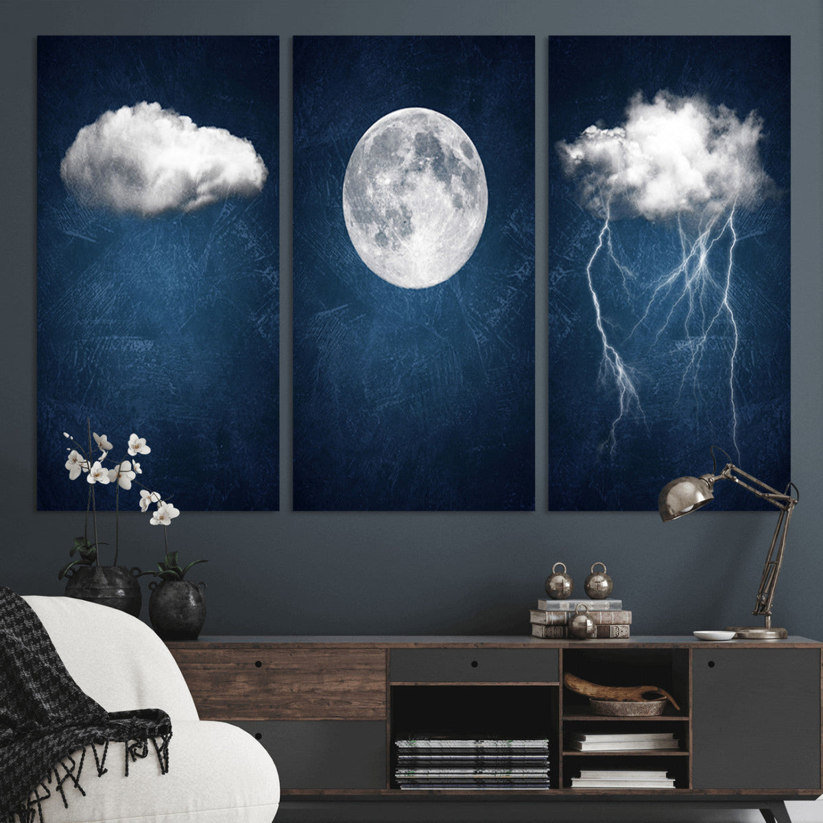 Dark Blue Cloud Art, 3 Piece Indigo Blue Wall Art, Aesthetic