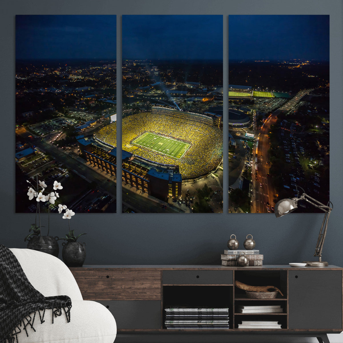 Michigan Stadium Night Game Wall Art – Sports Arena Aerial