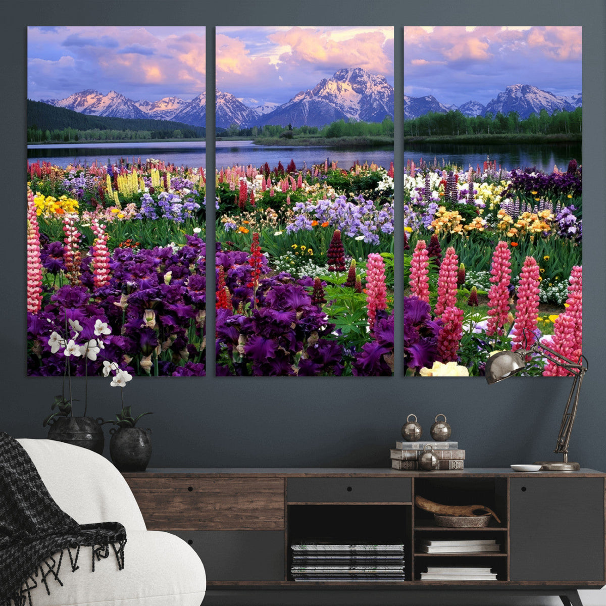 Vibrant Wildflower Garden and Mountain View Giclee Canvas
