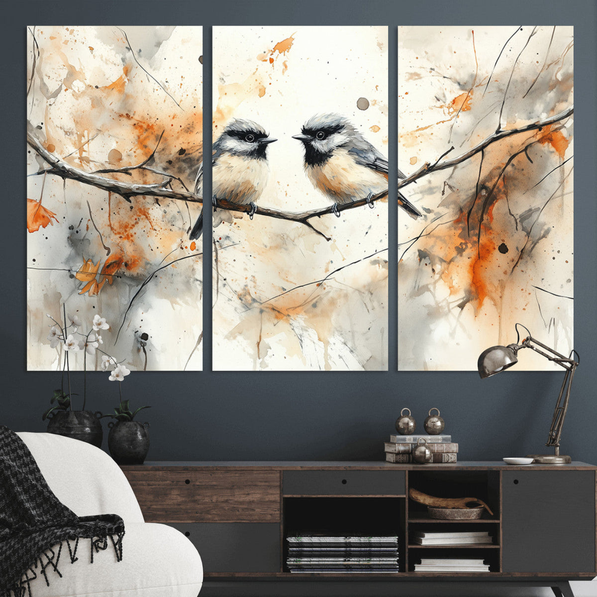Abstract Watercolor Chickadee Bird Canvas Wall Art Print -