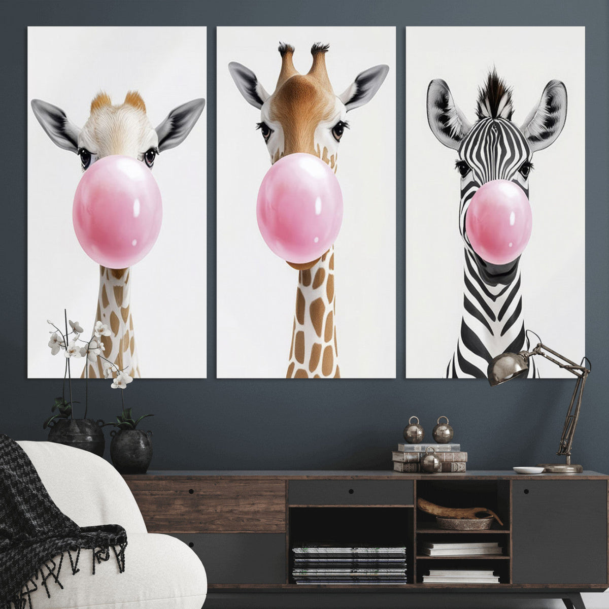 Bubblegum Animals Canvas Wall Art - Playful Giraffe and