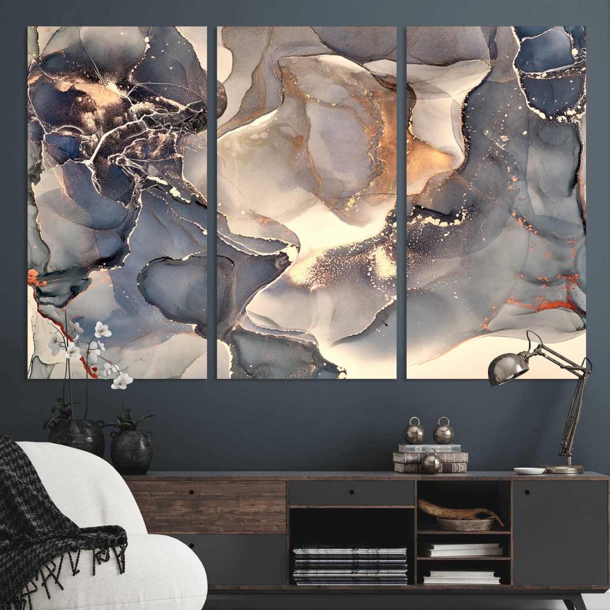 Abstract Blue and Gold Wall Art - Fluid Ink Artwork - Modern