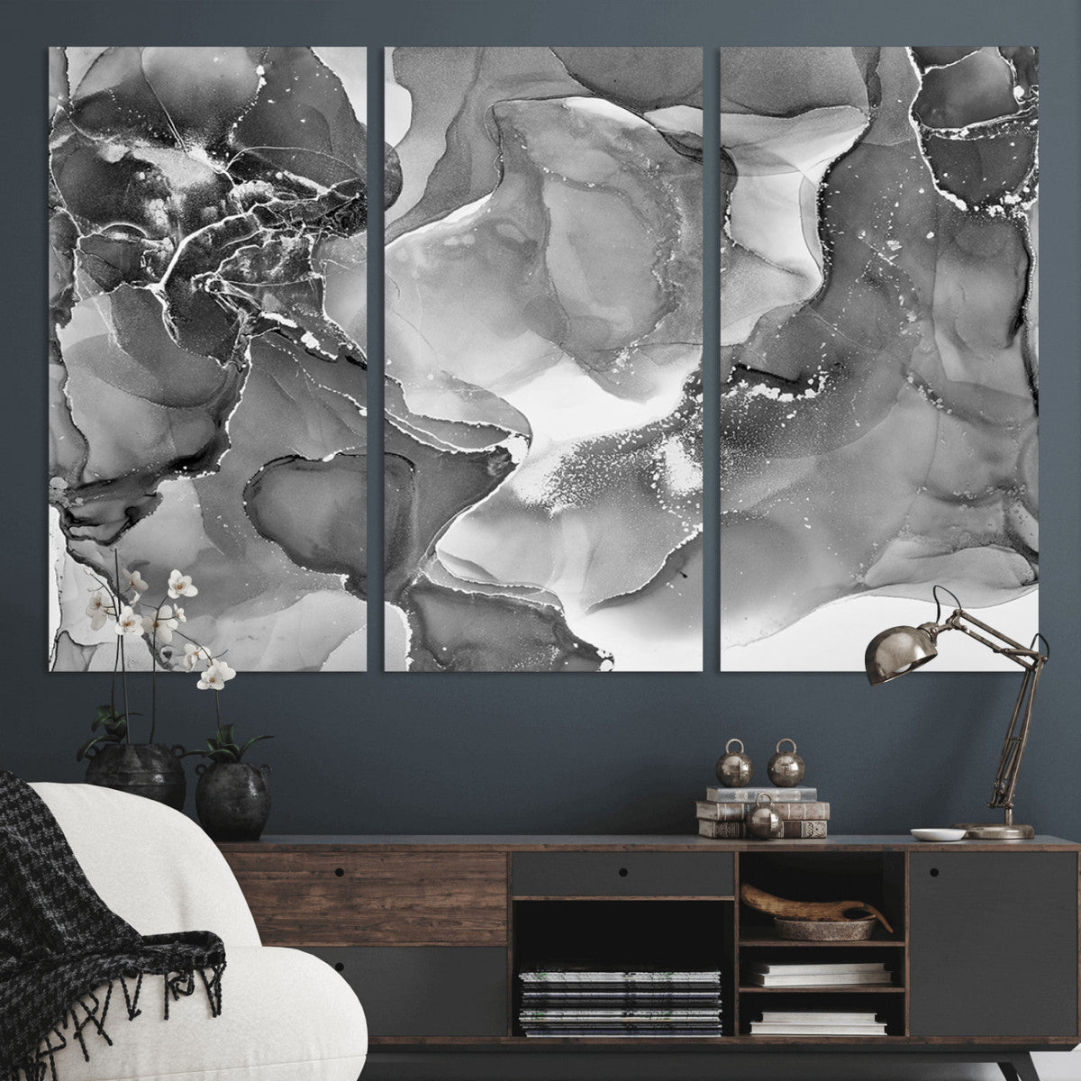 Black White Abstract Canvas Wall Art - Fluid Ink Artwork -