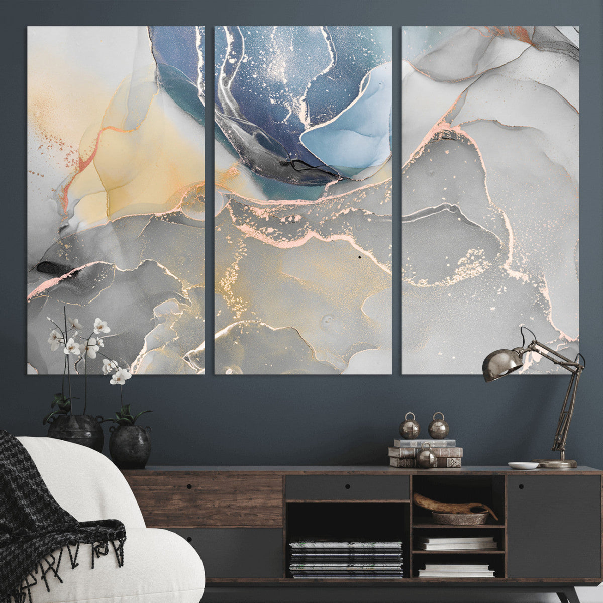 Large Abstract Blue and Gold Canvas Wall Art | Fluid Ink