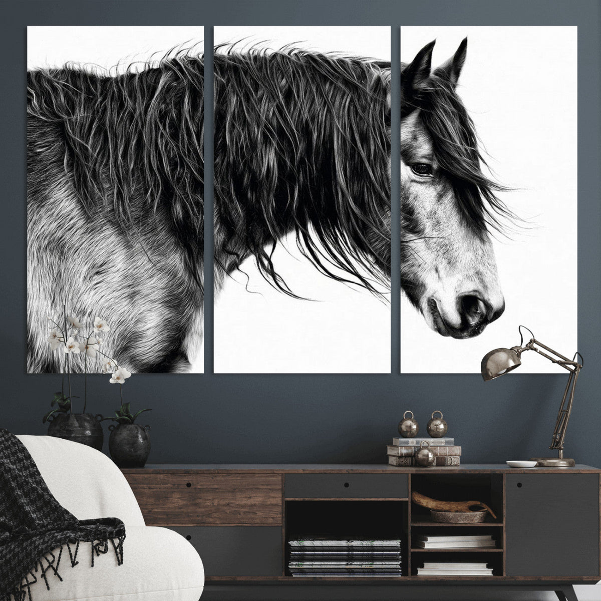 Black Horse Wall Art Canvas Print – Elegant Farmhouse Decor