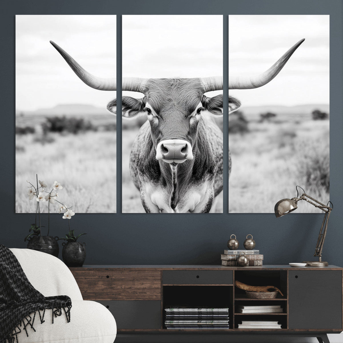 Highland Cow Wall Art Canvas Print – Black and White Western