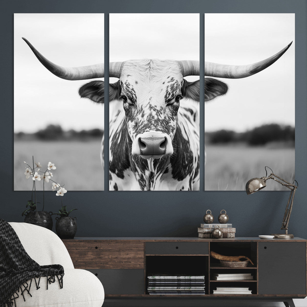 Highland Cow Wall Art Canvas Print – Black and White Western